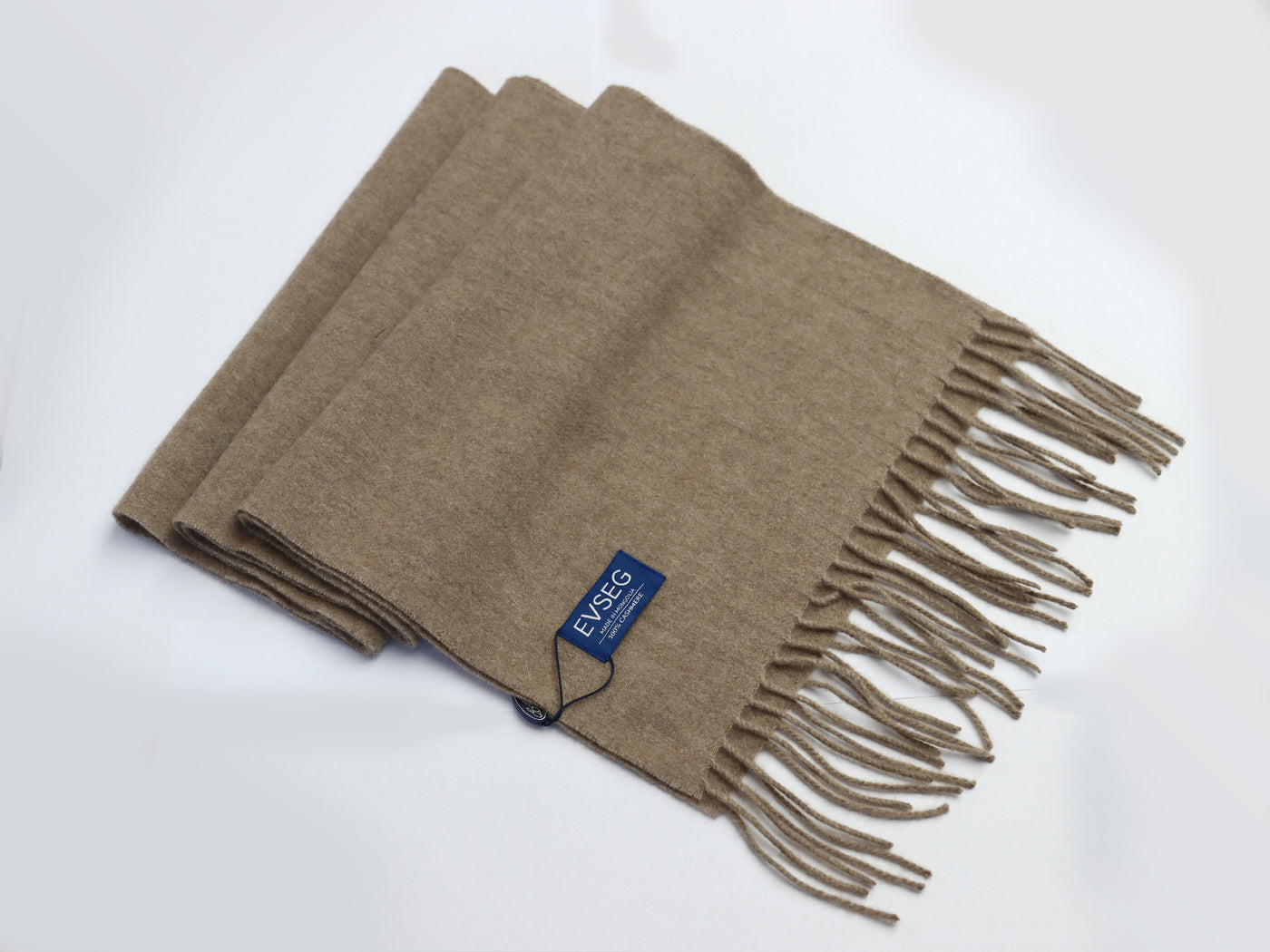 Natural beige cashmere scarf with fringed edges, made from 100% Mongolian cashmere