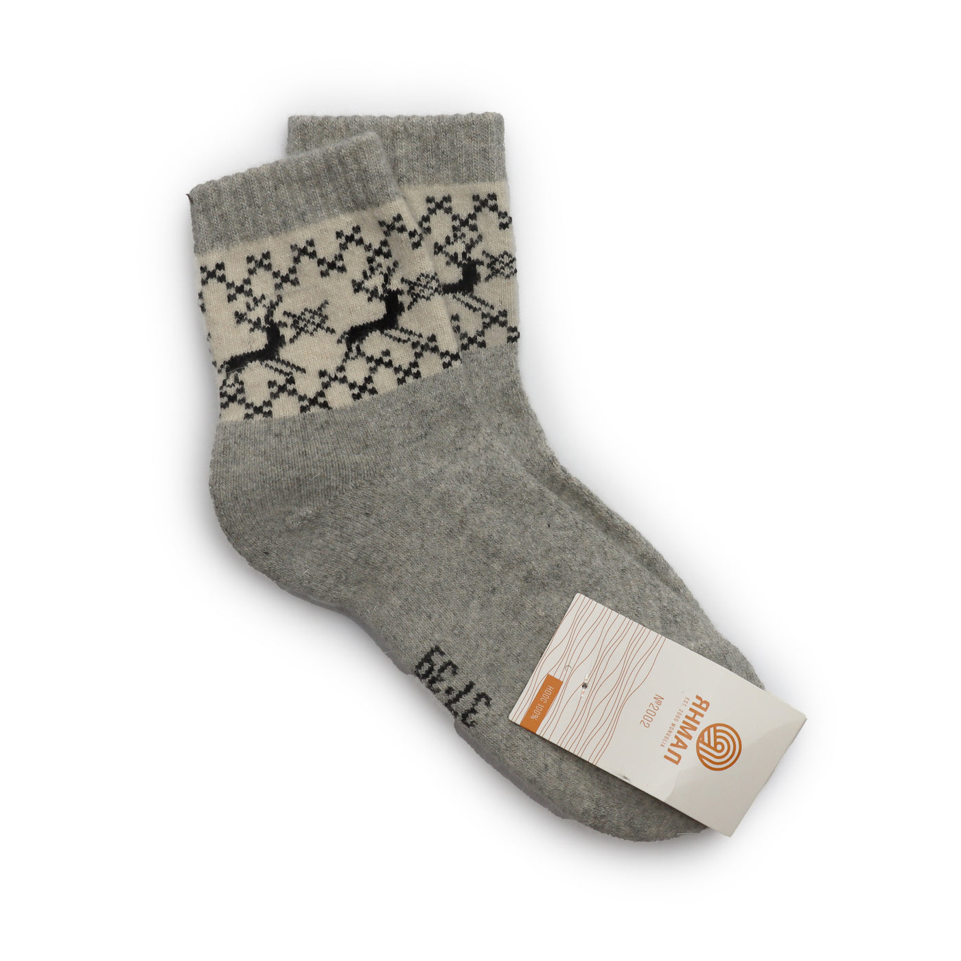 Gray wool socks with a black reindeer pattern on the cuffs, made from Mongolian wool for winter comfort and style.