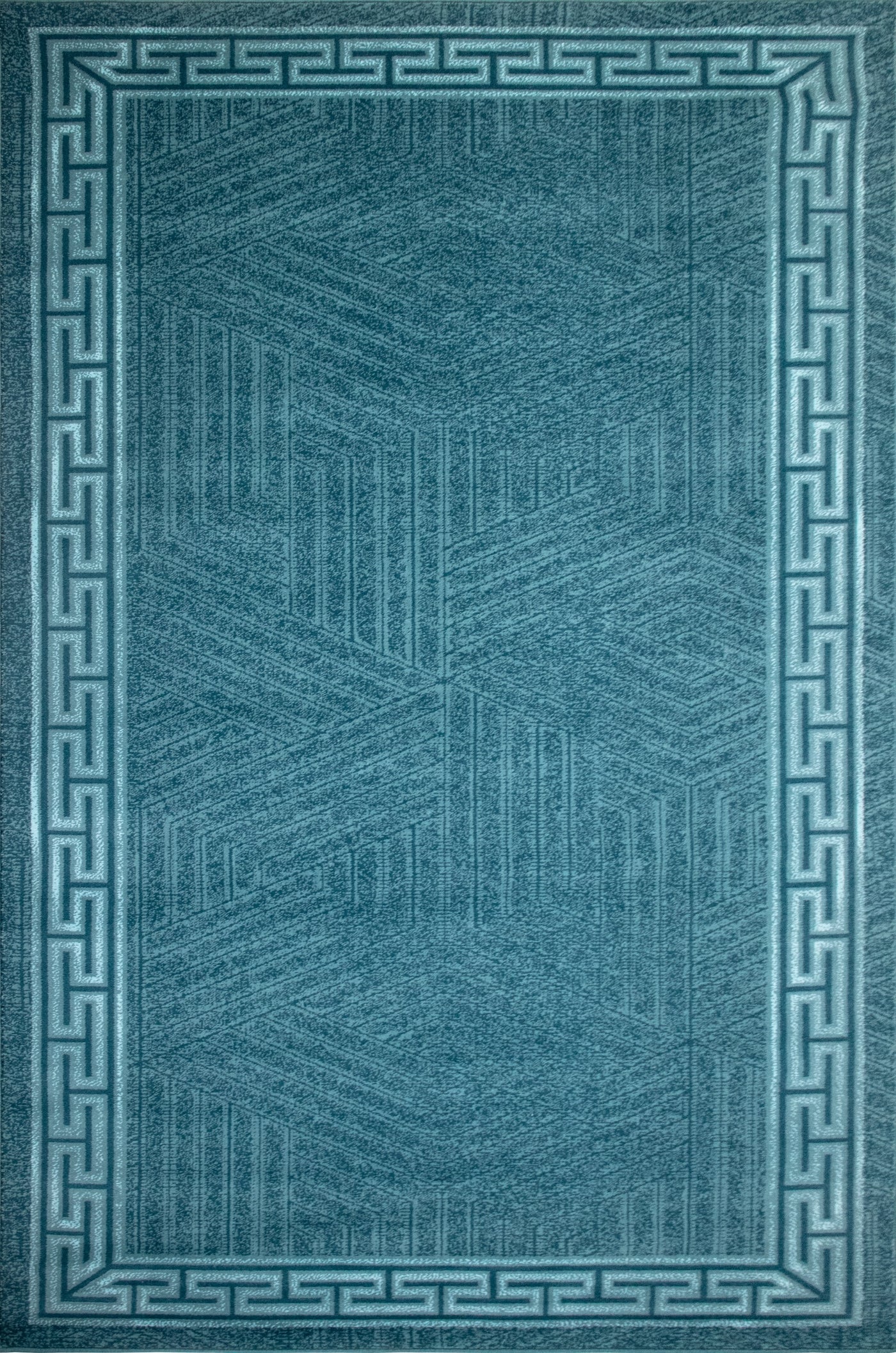 Minimalist wool carpet featuring a geometric pattern with a Greek key border in a sleek, modern blue tone, perfect for contemporary interiors