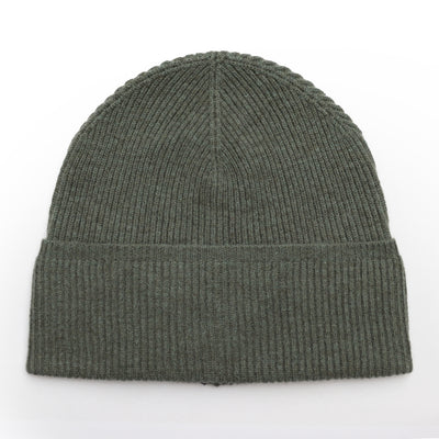 Dark green Mongolian wool beanie with a simple ribbed knit design, made from sustainable and eco-friendly wool, perfect for winter warmth and casual wear.