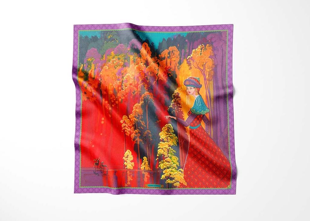 Elegant silk scarf with a vibrant forest scene featuring a traditional figure in a red dress, surrounded by autumnal hues of orange, yellow, and purple