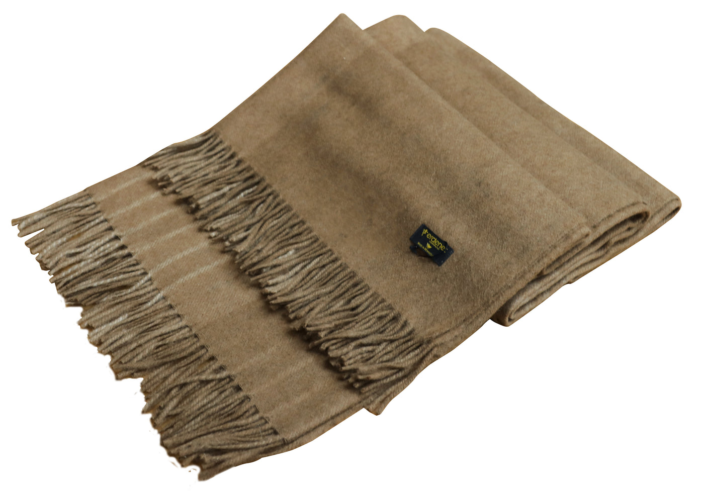 Luxurious camel wool plaid scarf with fringed edges, made from sustainable Mongolian wool for warmth and style