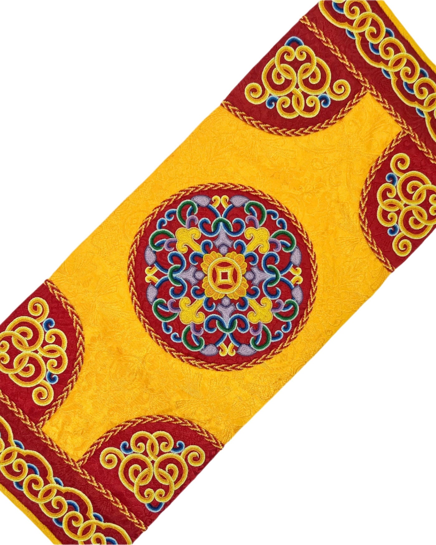 Clouds and spiral paterns are intricately embroidered with fine threads. The design is finished with fishbone stitching and decorated with a coin braid stitch on a yellow and red silk.