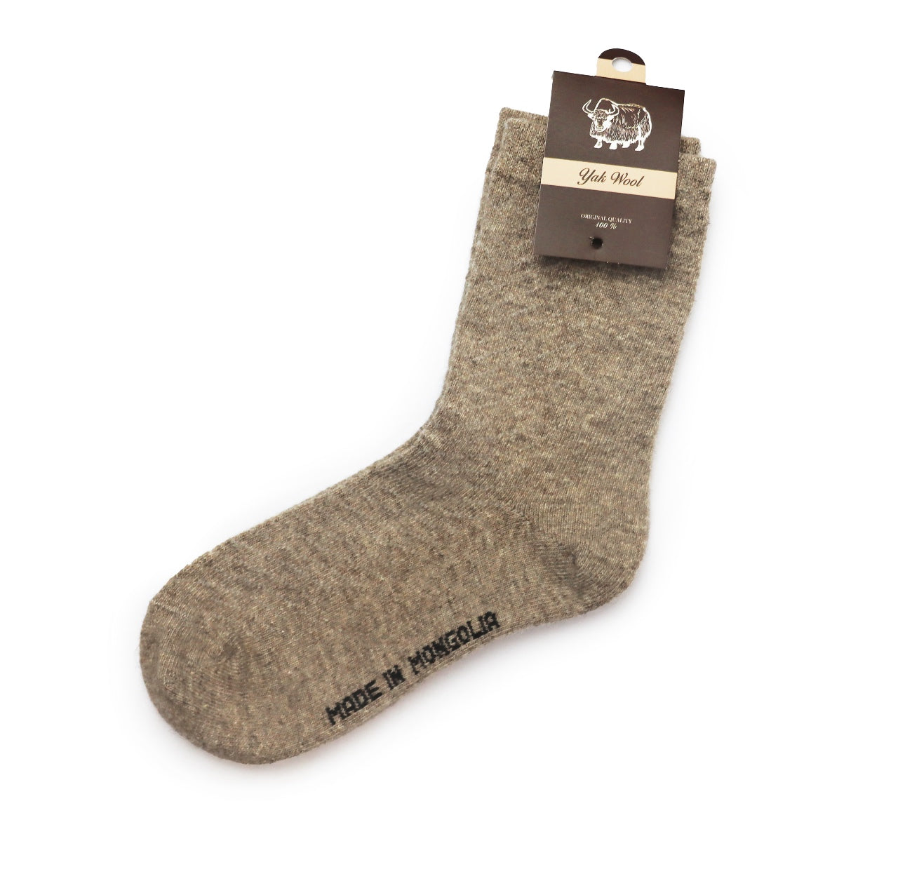 Natural beige yak wool socks labeled 'Made in Mongolia', featuring a soft and durable design perfect for winter wear