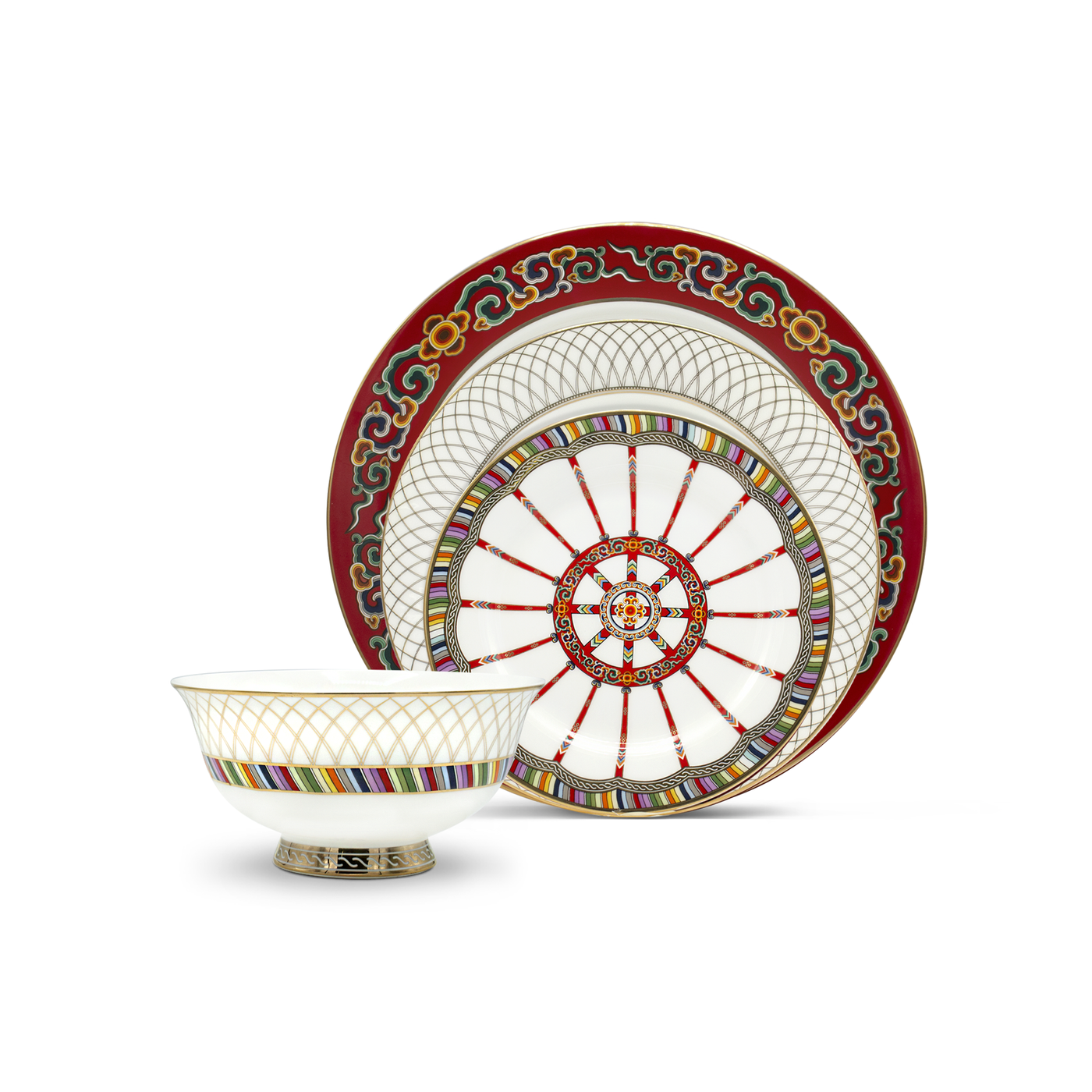 It showcasing a bowl and a plate. The set for four is a canvas for the iconic 'toono' crown-ring roof, the 'uni' roof poles and the golden imagery of the iconic "khana" lattice wall, symbols of the traditional Mongolian ger.