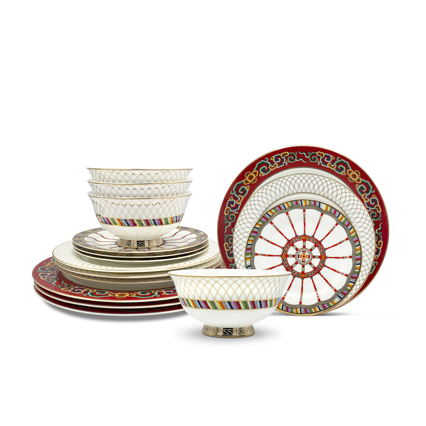 Toonot Ger Dinnerware Set for 4, featuring intricate Mongolian patterns in vibrant colors on high-quality porcelain.