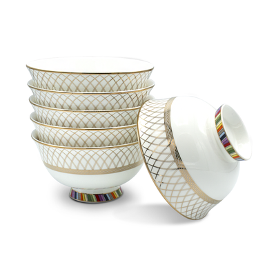 It showcasing six set of bowls those has "khana" lattice wall golden detail. 