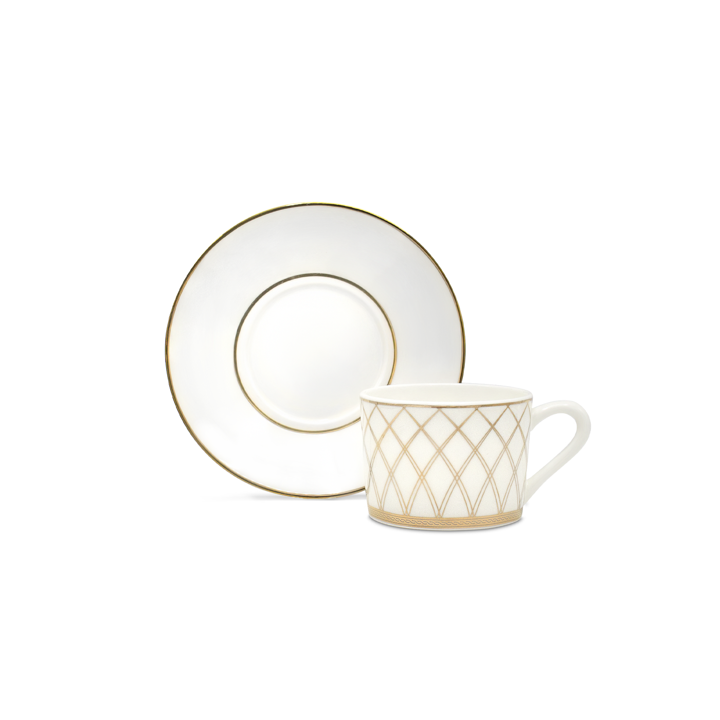 It showcasing a saucer and a mug. A saucer with a round golden edge and golden imagery of the iconic "khana" lattice wall of the traditional Mongolian ger.