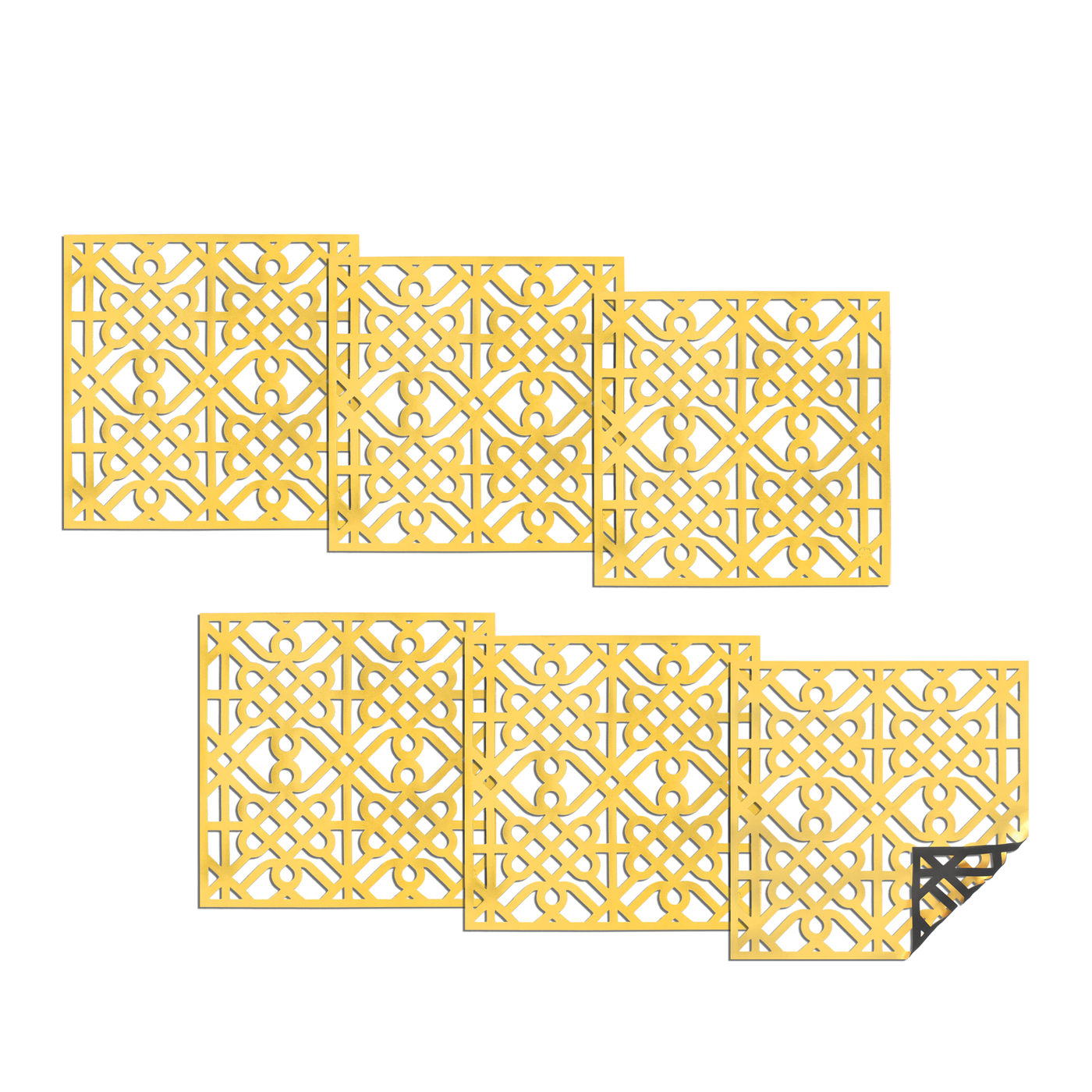 It showcasing six set of placemat in golden with eternal knot motifs. 