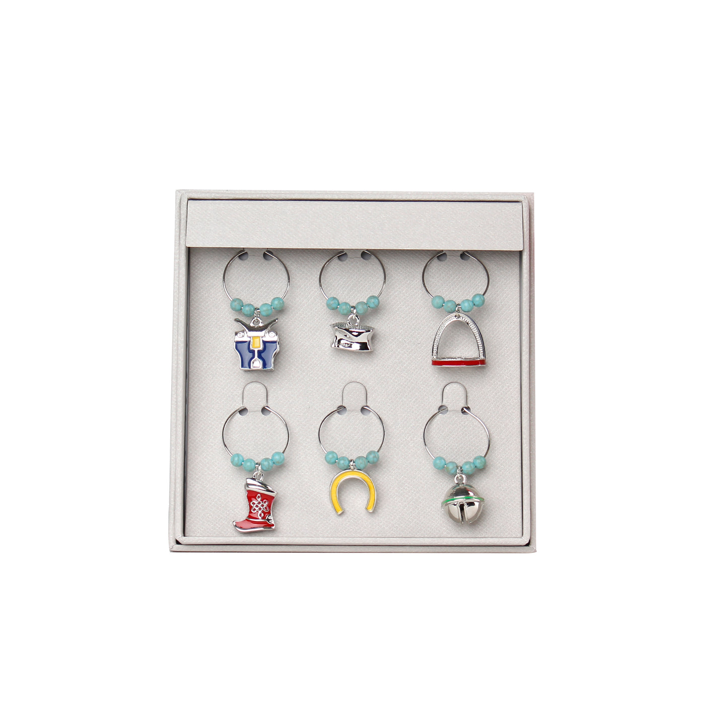 Tuvurguu wine glass charm set featuring Mongolian-inspired designs and turquoise bead accents, ideal for entertaining and gifting.