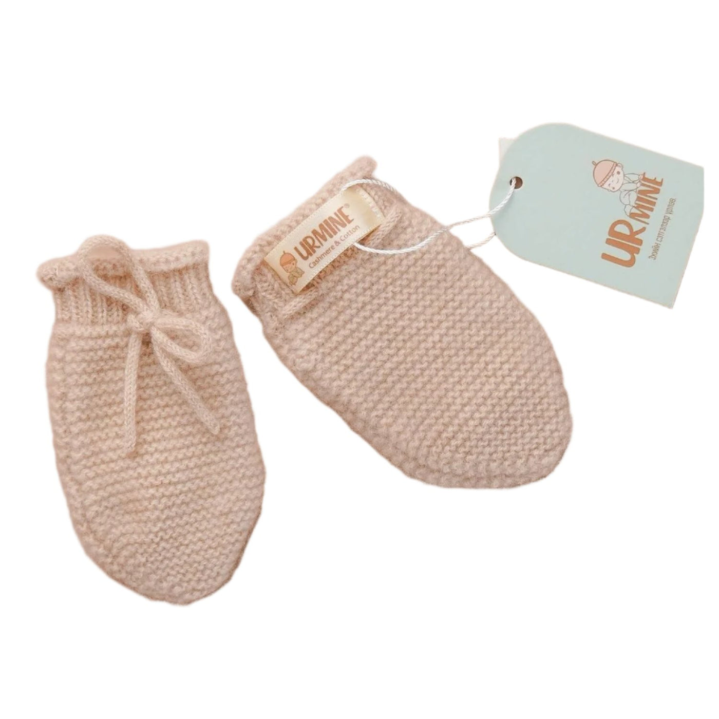 Beige Cashmere mittens for babies, featuring knitted design and secure cuff strings