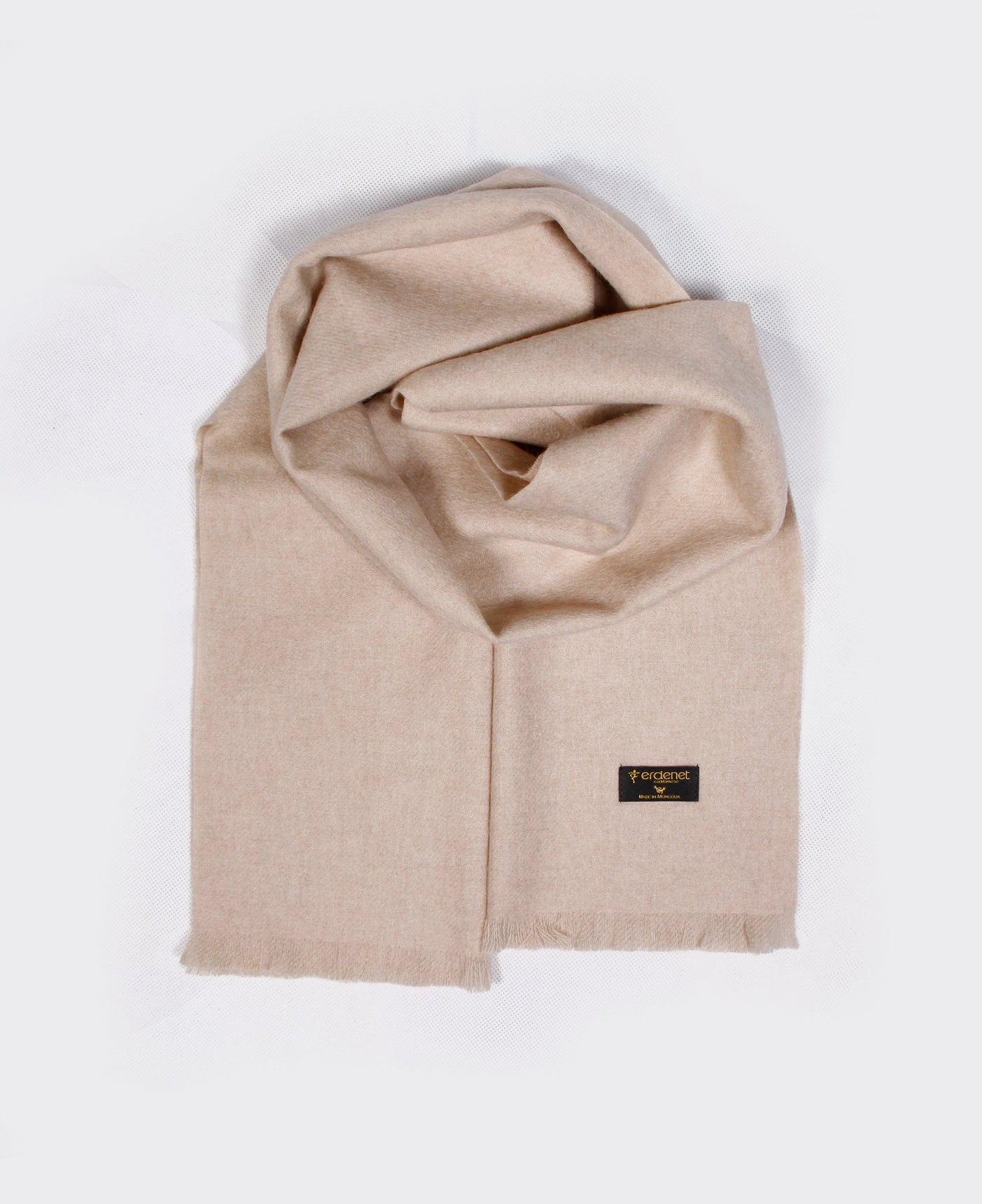 Light Beige cashmere scarf with a soft, striped design, made in Mongolia, offering warmth and elegance