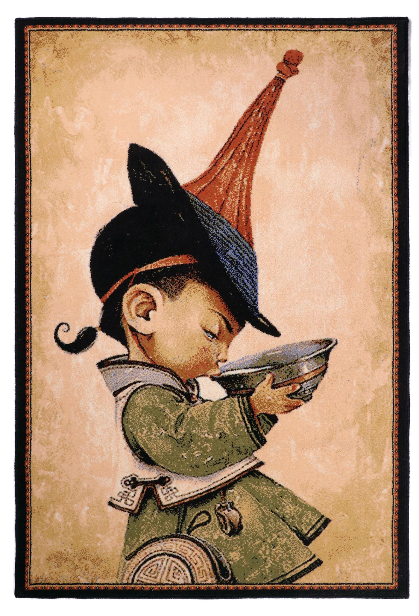 Traditional East Asian illustration of a young child in historical attire, wearing a tall red hat and green robe, holding and drinking from a bow