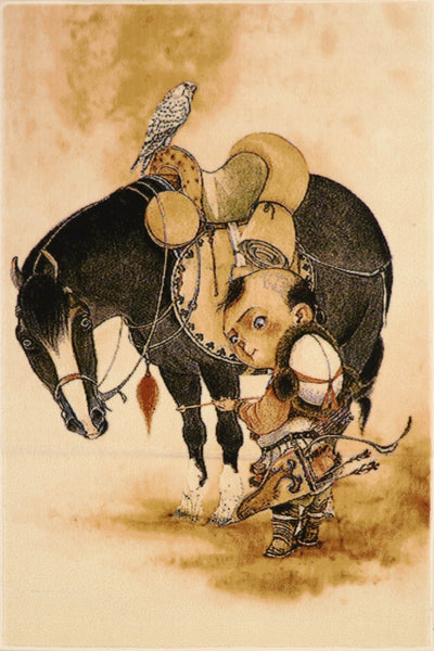 illustration of a young child in traditional attire standing beside a saddled black horse. the child, holding a bow, appears to be preparing for a journey or adventure. a white bird, possibly a falcon, is perched on the horse's saddle. the background is a warm, muted gradient, suggesting an outdoor setting. 