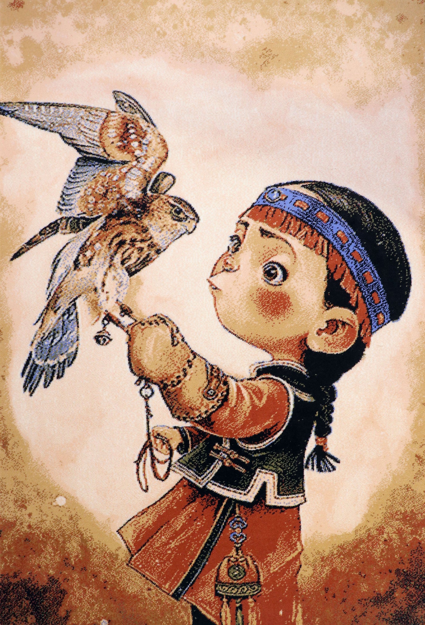 A captivating illustration features a young child dressed in traditional attire, holding a bird of prey, possibly a falcon, on their gloved hand. The child wears a headband with intricate patterns, and their clothing is richly detailed with cultural motifs. The child's wide-eyed expression and the bird's poised stance create a sense of wonder and connection. The background is a warm, textured wash, highlighting the central figures and evoking a sense of heritage and tradition