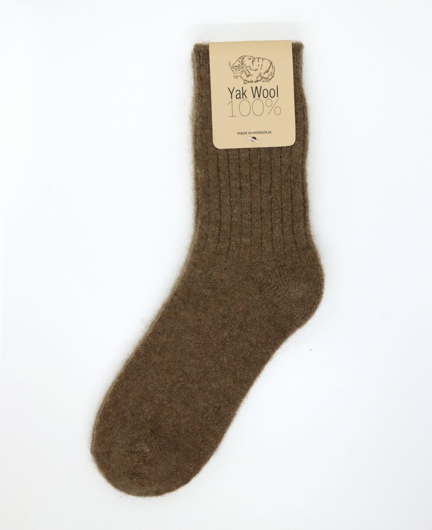 Natural yak wool socks in brown, ribbed texture, made from 100% Mongolian wool