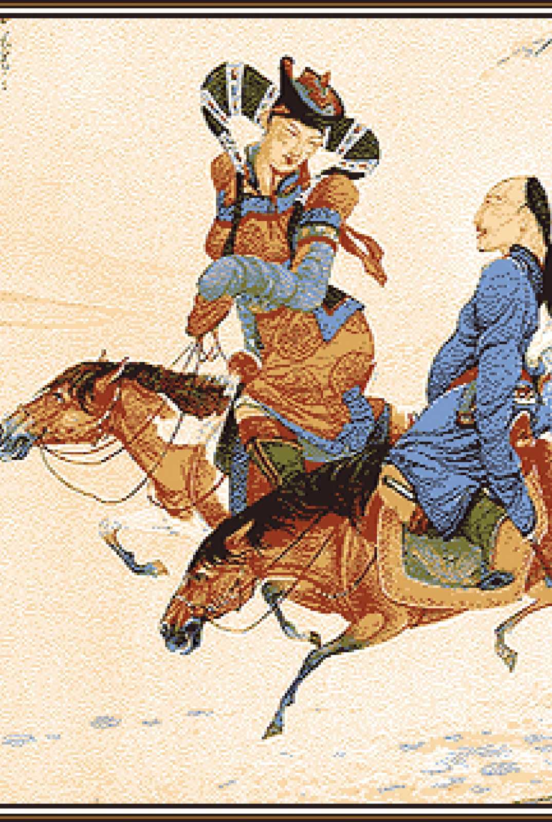 Traditional East Asian artwork of two people riding horses, dressed in detailed historical attire, showcasing cultural heritage and artistry