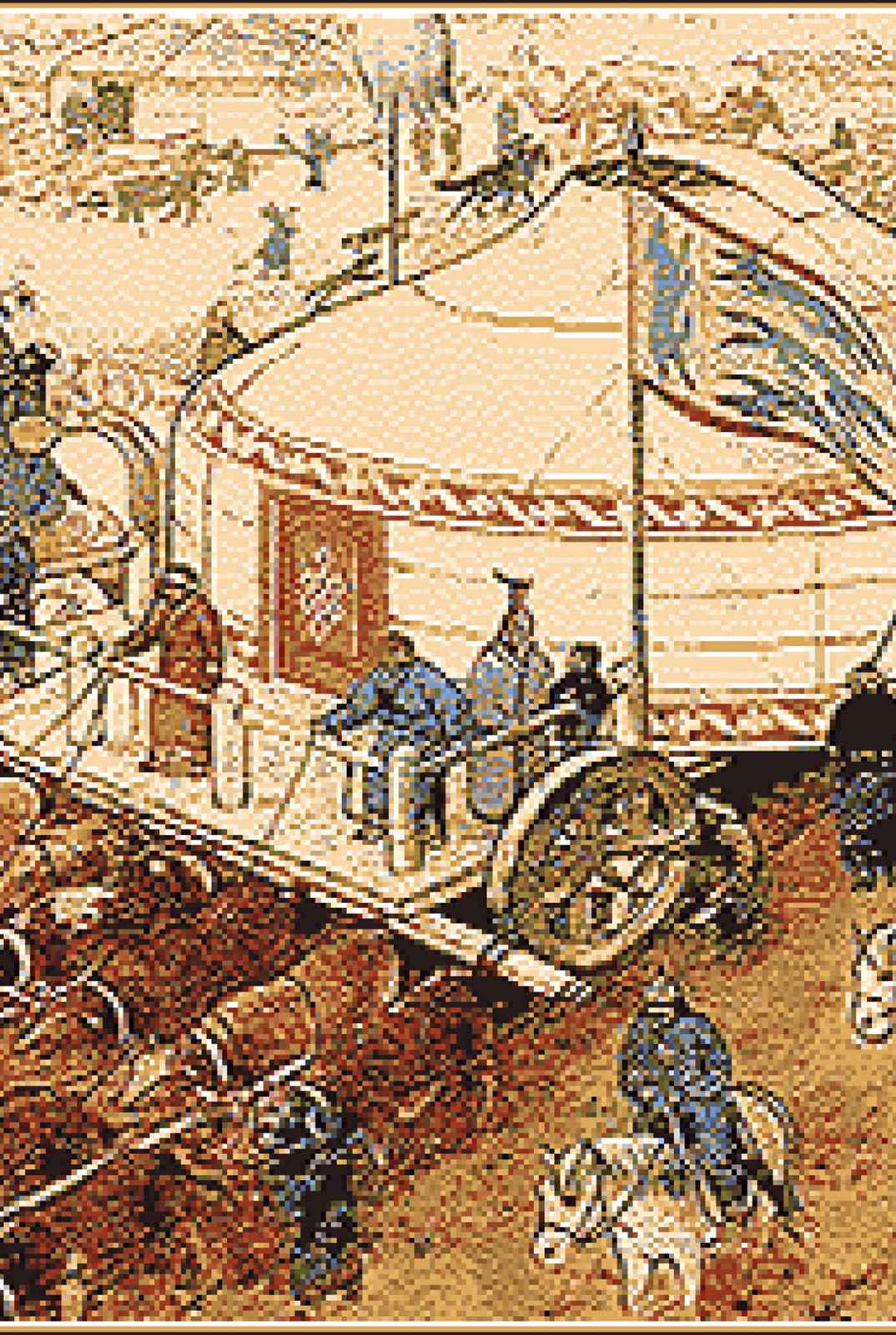 Traditional East Asian scene of a large yurt on a wheeled platform being transported, surrounded by figures in historical attire and horses, representing nomadic cultural heritage