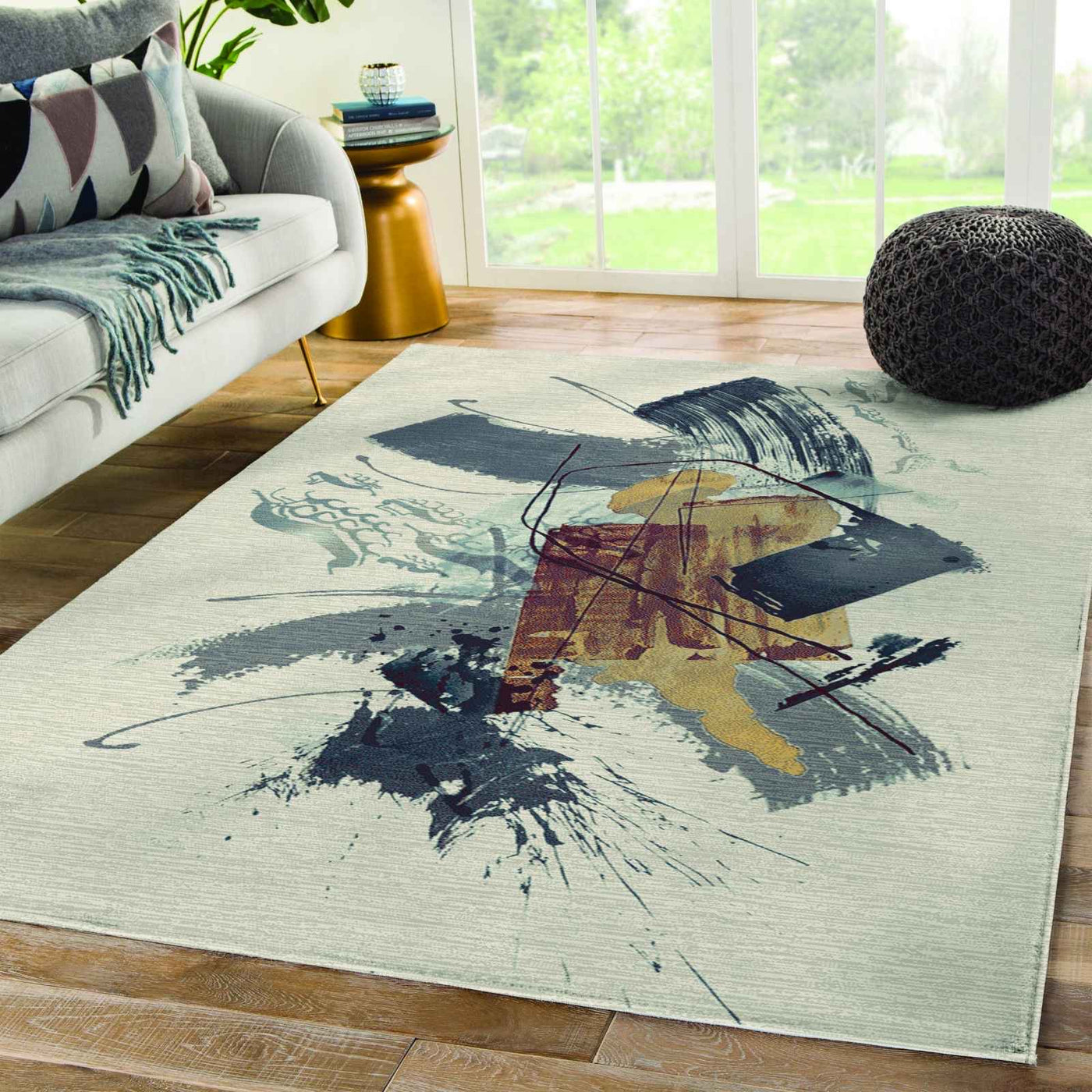 Artistic wool carpet with abstract design in shades of blue, beige, and black, perfect for living room decor