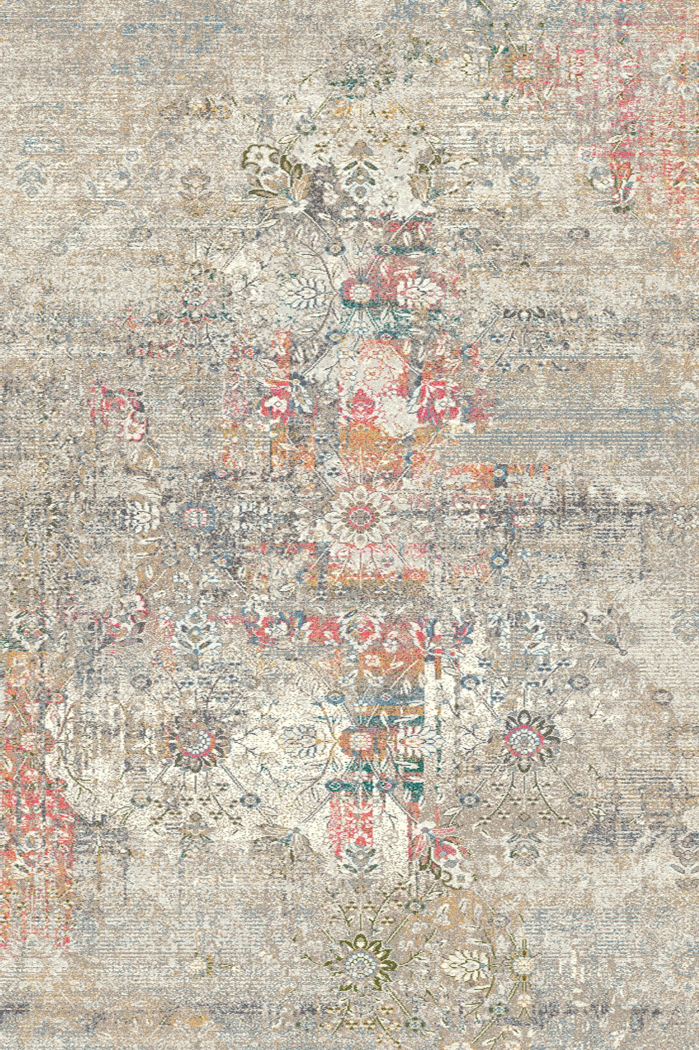 "Vintage-style rug with a distressed look, featuring a blend of floral and geometric patterns in muted tones of beige, pink, green, and blue."