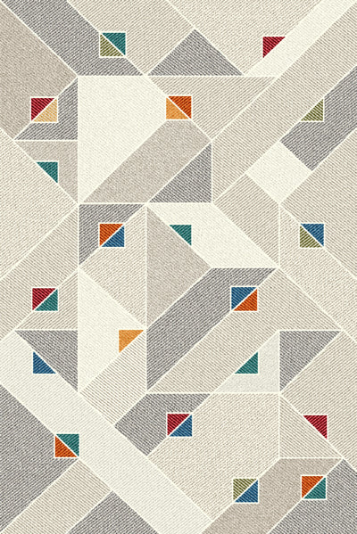 "Contemporary rug with a geometric design featuring interlocking beige, gray, and white shapes accented by small colorful triangles in red, blue, green, and orange."