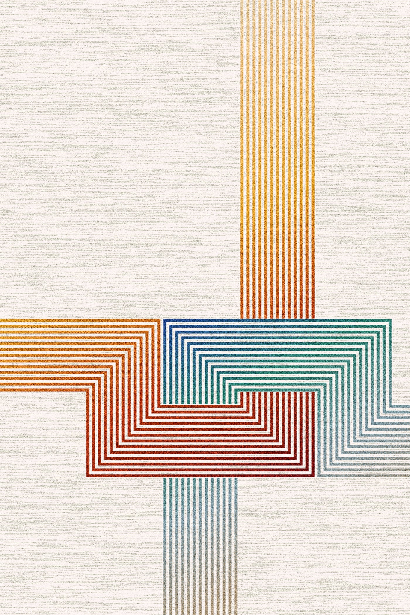 A modern carpet featuring a design with intersecting lines forming geometric patterns in various colors including red, orange, blue, green, and beige, set against a light beige background