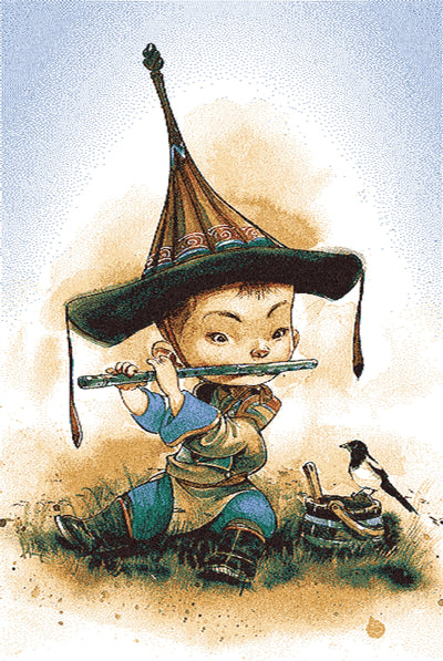 illustration of a young child in traditional attire playing a flute, wearing a distinctive tall hat with dangling tassels. the child seated on the ground next to small bird and a container with objects. the scene is set outdoors with a soft, gradient background 