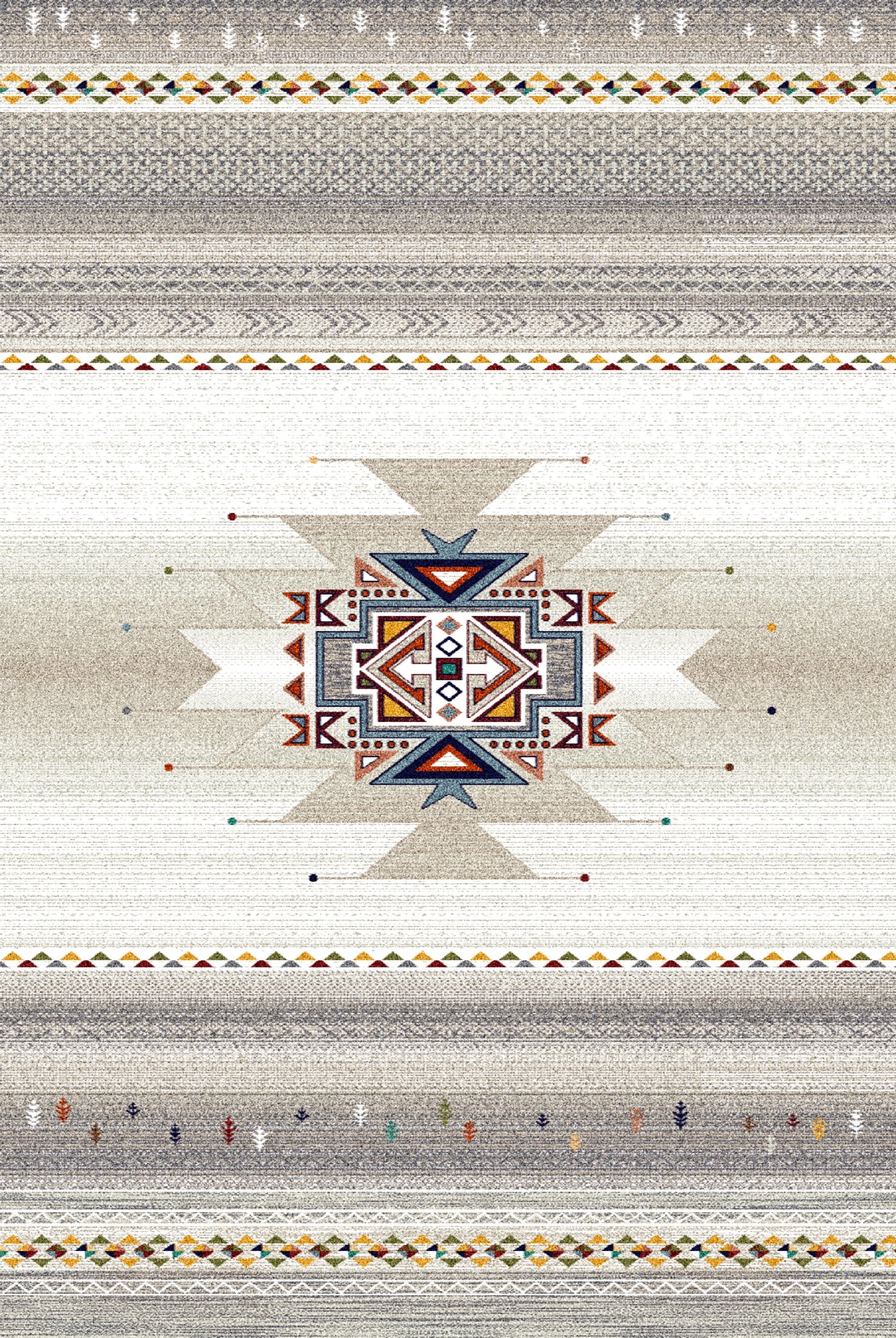 A carpet featuring a central geometric medallion with intricate patterns in shades of blue, red, orange, and beige, set against a gradient background transitioning from light to dark beige with detailed borders.