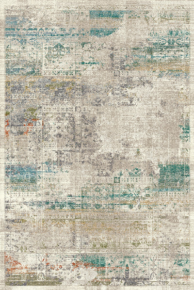 Distressed-style rug with a central beige area, bordered by intricate floral and geometric patterns in faded pink, blue, and orange tones."