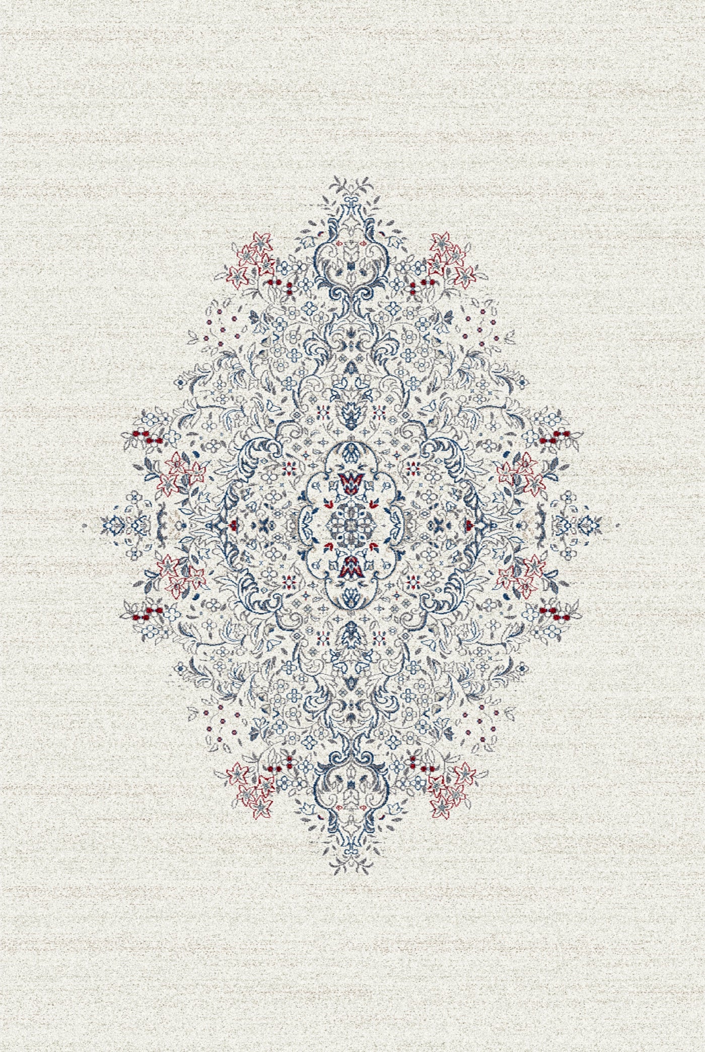 A carpet featuring an ornate central medallion with intricate patterns in shades of blue and red, set against a light beige background.