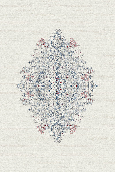 A carpet featuring an ornate central medallion with intricate patterns in shades of blue and red, set against a light beige background.