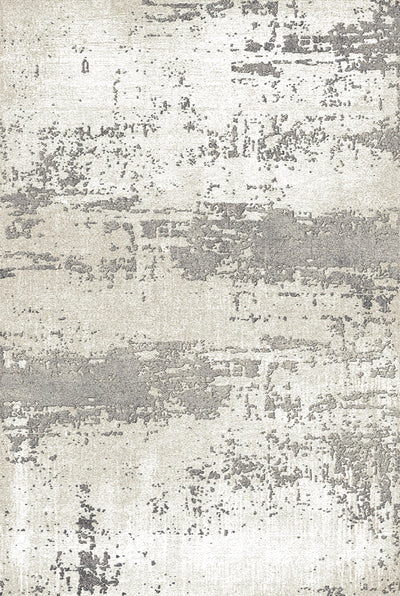 A carpet featuring an abstract design with distressed patterns in shades of grey and beige, set against a light background.