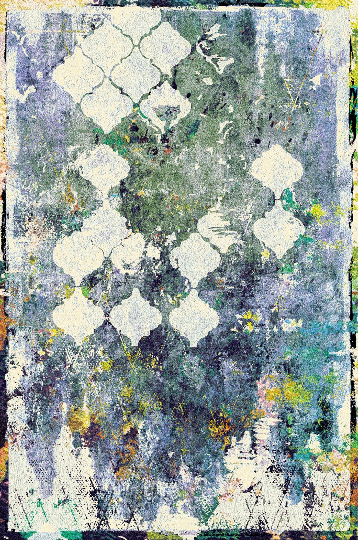 A carpet featuring an abstract design with a faded geometric pattern in white, set against a textured background with shades of green, blue, purple, and yellow