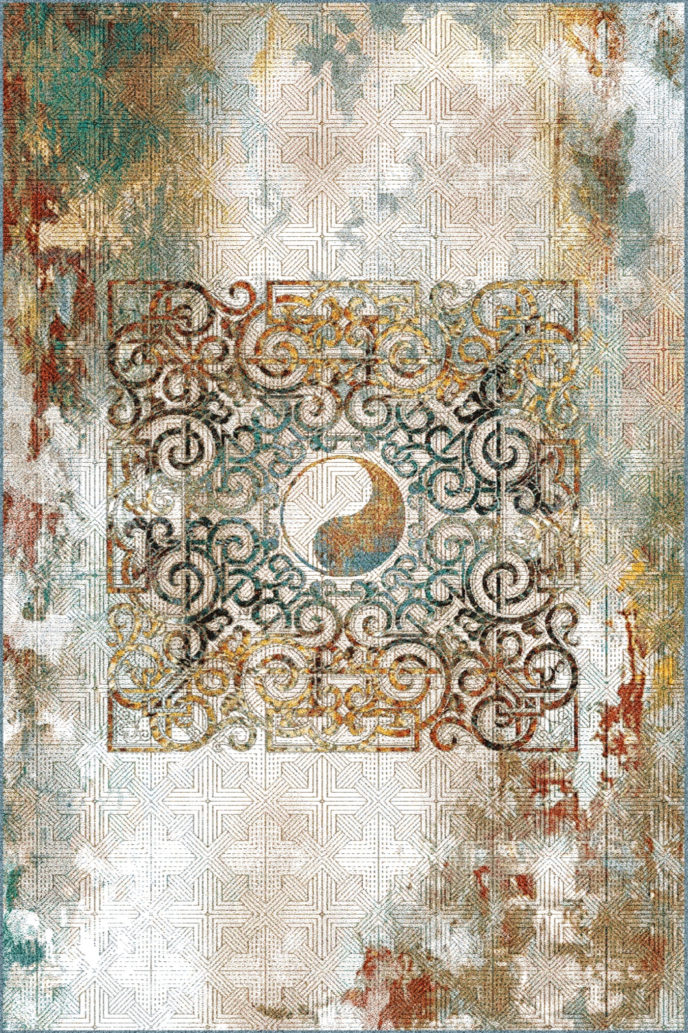 A carpet featuring a central ornate design with swirling patterns in shades of beige, teal, gold, and brown, set against a distressed background.