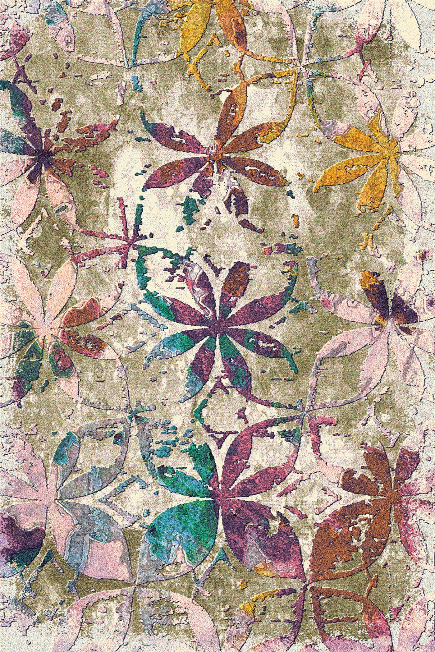 A carpet featuring an artistic design with colorful floral patterns in shades of pink, purple, green, yellow, and blue, set against a textured beige background