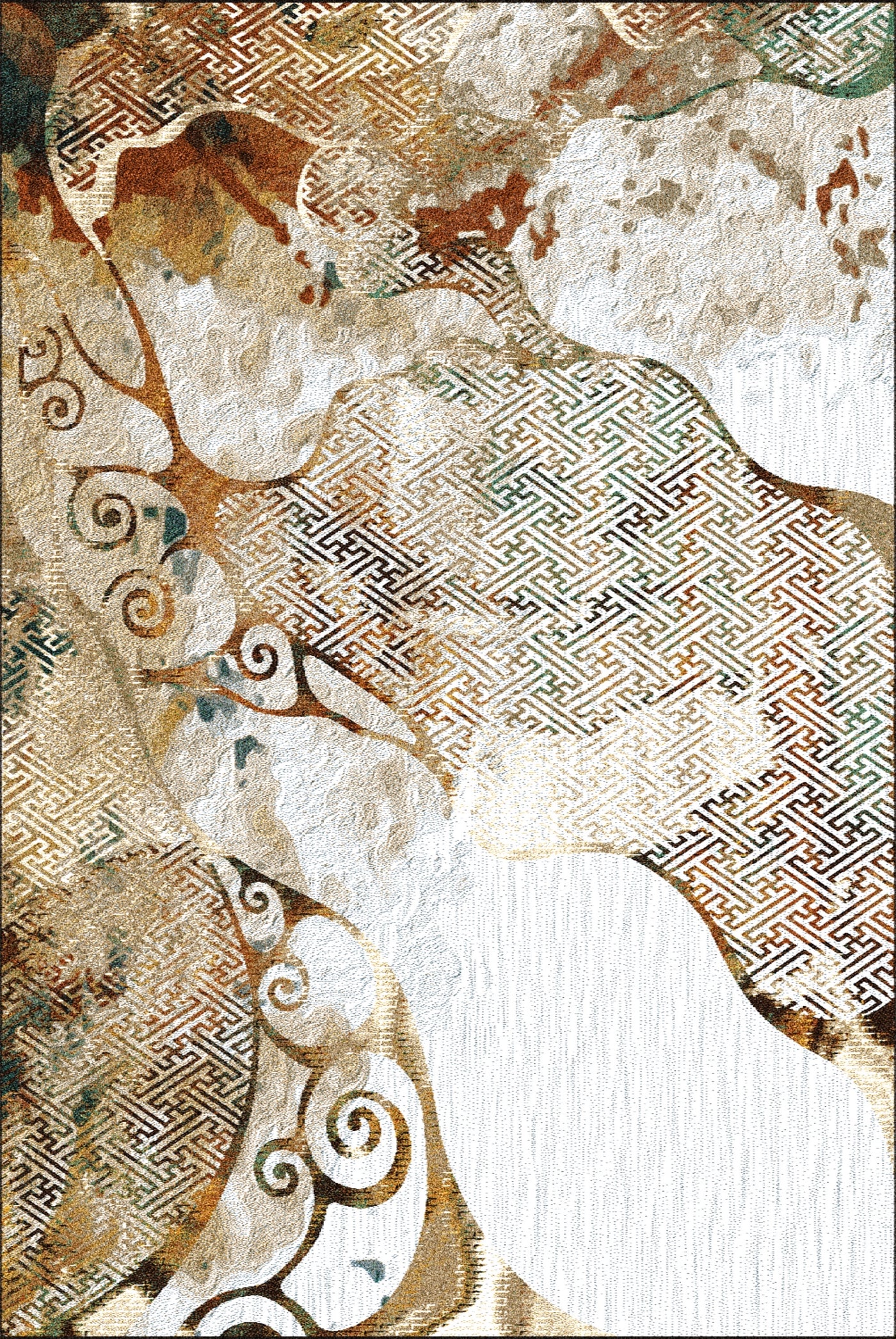 A carpet featuring an artistic design with swirling patterns and abstract elements in shades of beige, brown, green, and white, set against a textured background.