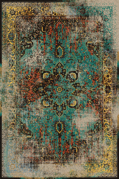 A traditional carpet featuring a complex, ornate design with a central medallion in vibrant colors including teal, red, yellow, and black, with a distressed look.