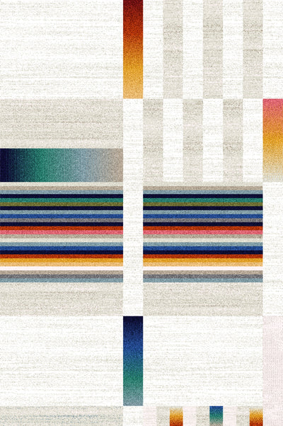 A modern carpet featuring a combination of horizontal stripes and vertical patterns in various colors including blue, green, red, and orange, set against a light beige background