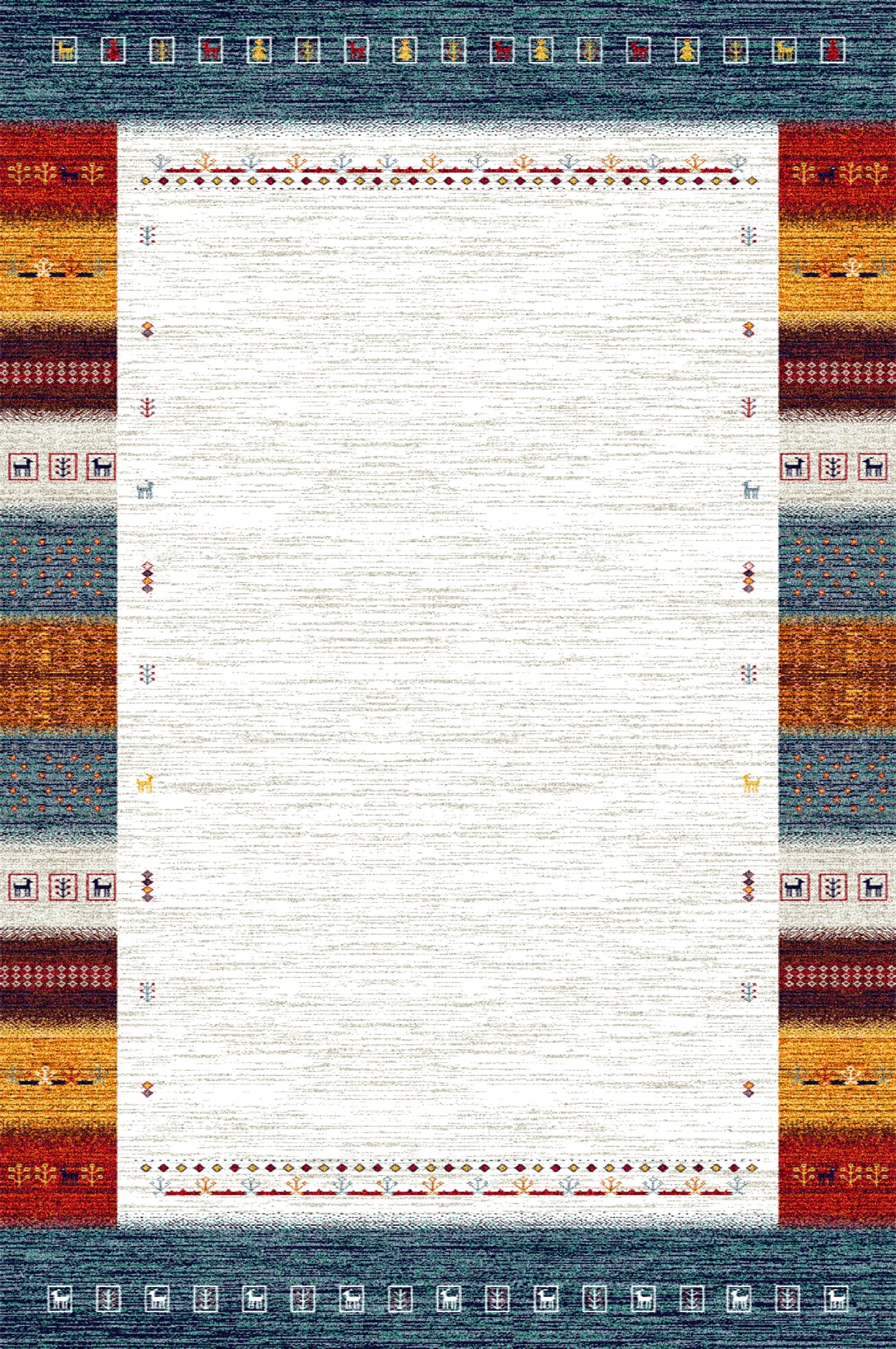 Rectangular rug with a white center, bordered by colorful geometric patterns and small animal motifs in red, orange, yellow, and blue