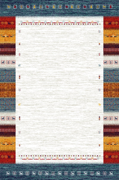 Rectangular rug with a white center, bordered by colorful geometric patterns and small animal motifs in red, orange, yellow, and blue