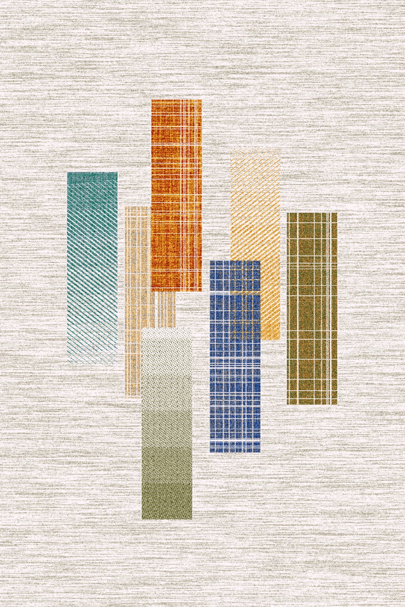 A modern carpet featuring a design with vertical rectangular panels in various colors and patterns, including blue, green, orange, and beige, set against a light beige background