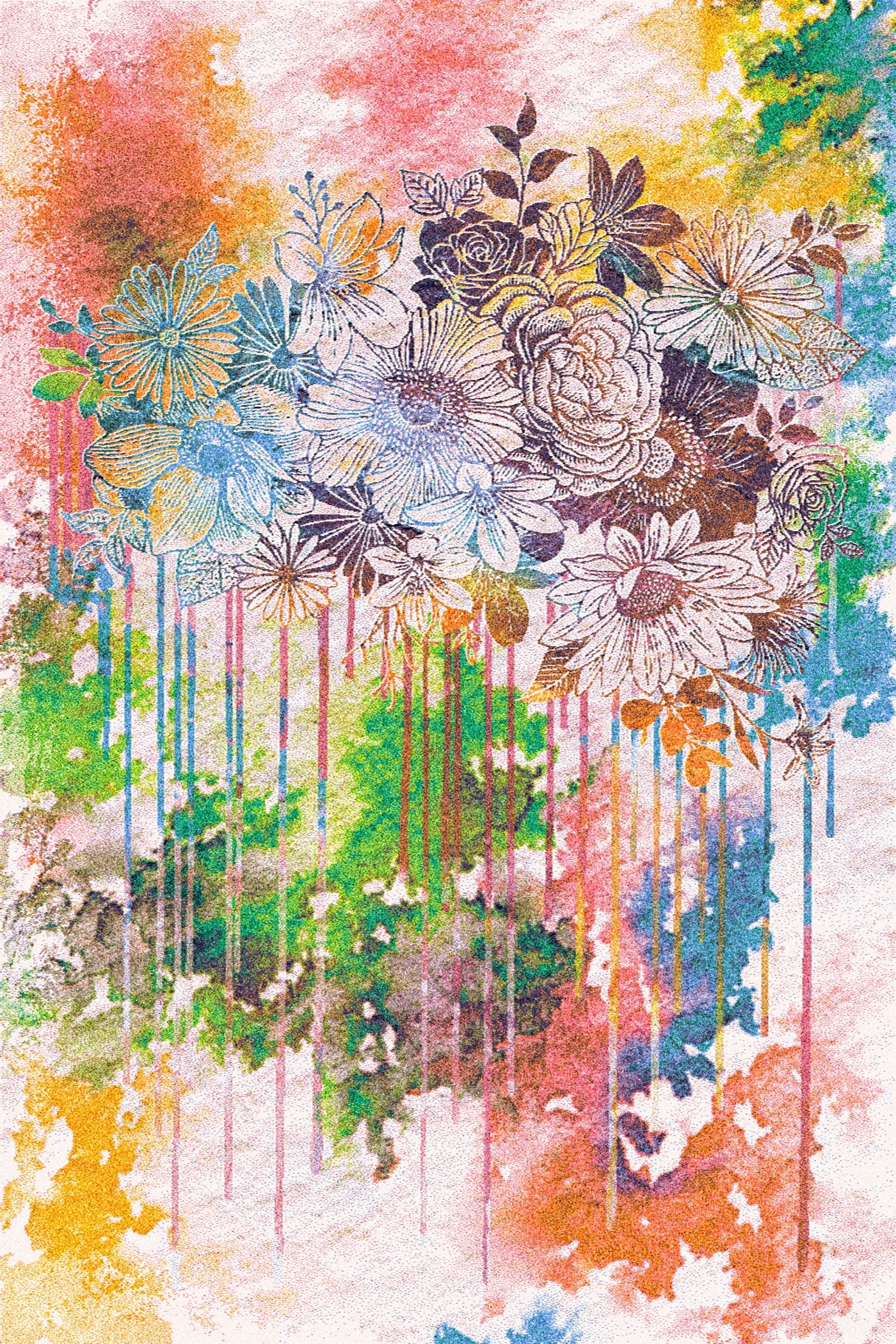 A carpet featuring an artistic design with a bouquet of flowers and colorful abstract elements in shades of pink, green, blue, yellow, and orange, set against a white background.