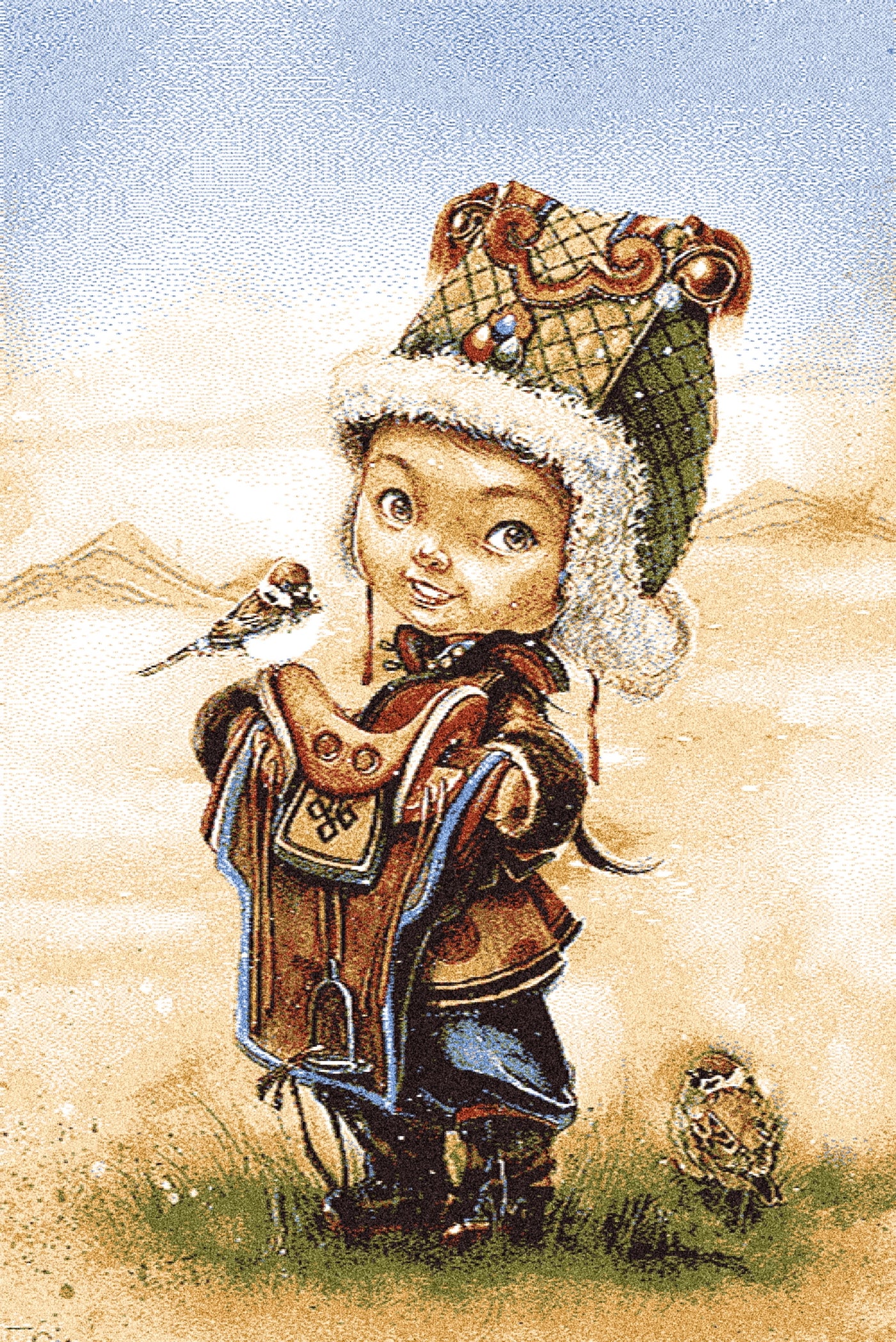 A whimsical illustration depicts a young child in traditional Mongolian attire, featuring a fur-lined hat adorned with intricate designs and jewels. The child is holding a colorful saddle, with a small bird perched on their shoulder and another bird nearby on the ground. The background showcases a serene desert landscape with distant mountains under a clear blue sky. The artwork captures the charm and cultural richness of Mongolian heritage