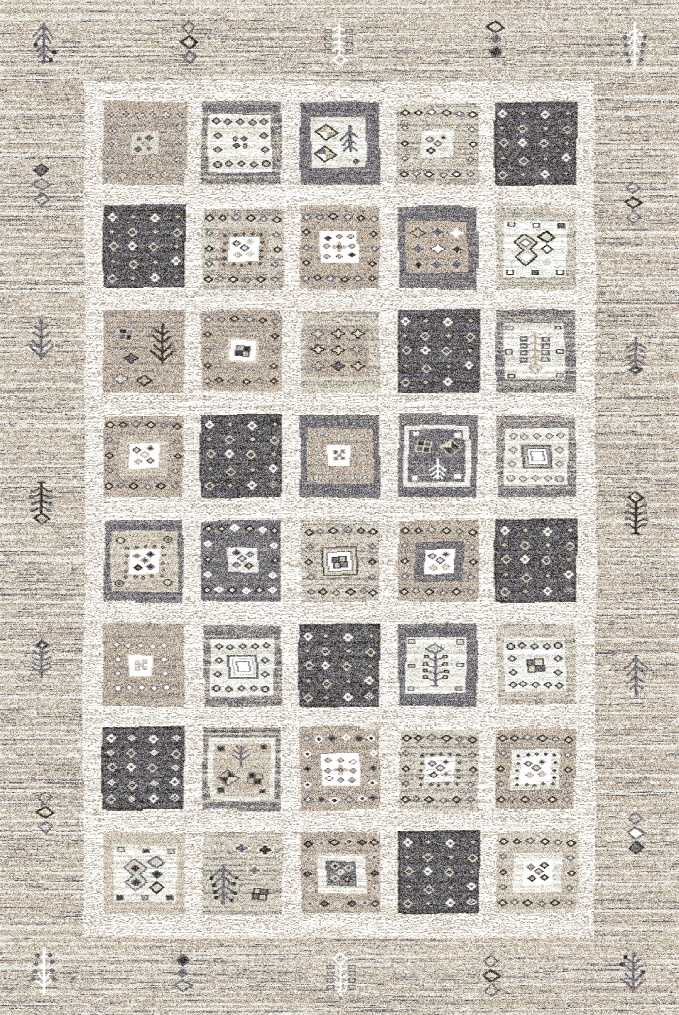 A carpet featuring a grid of square patterns in shades of grey, beige, and white, each square containing unique geometric and abstract motifs.