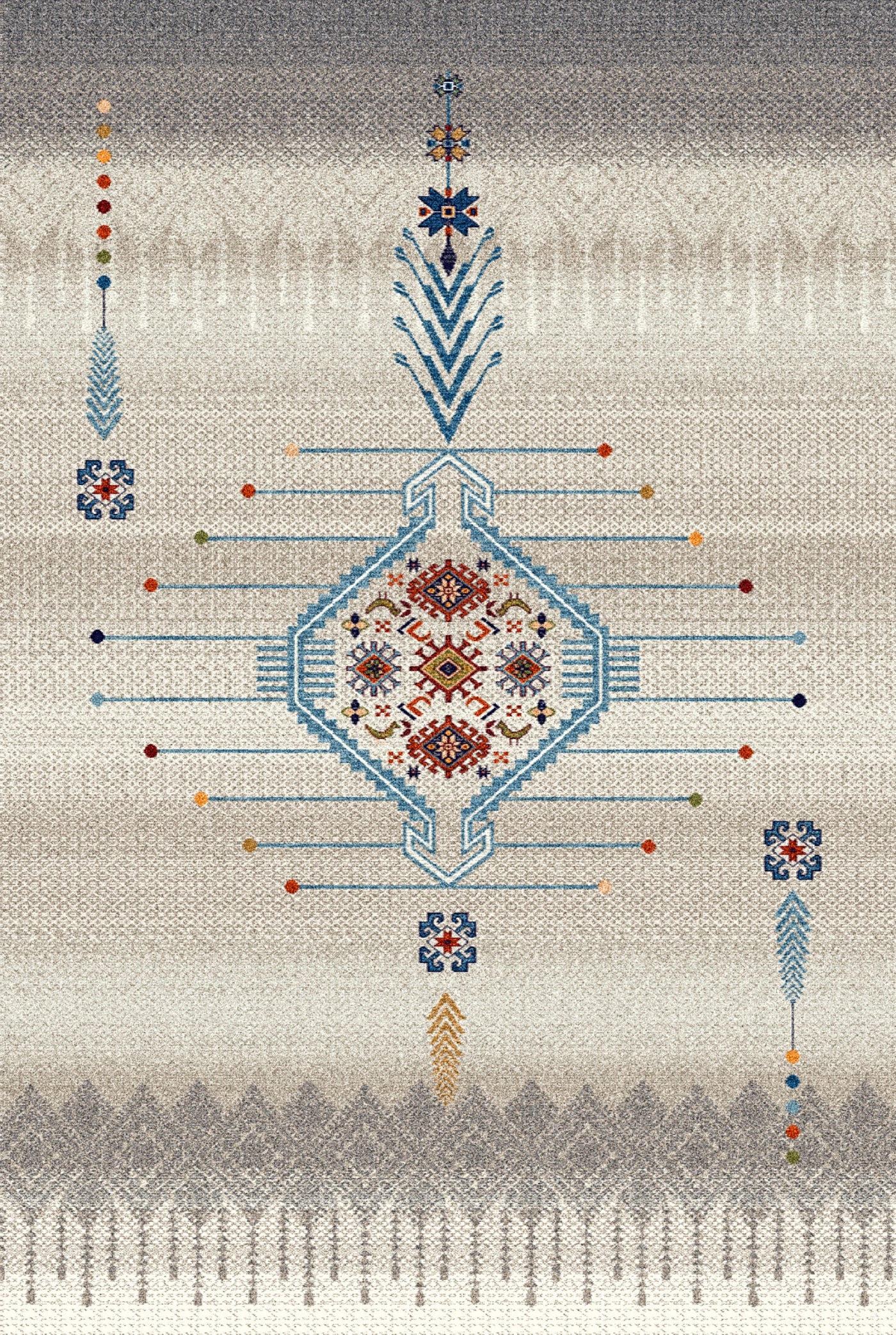 A carpet featuring a central geometric medallion with intricate patterns in blue, red, and orange, set against a gradient background transitioning from dark to light beige.