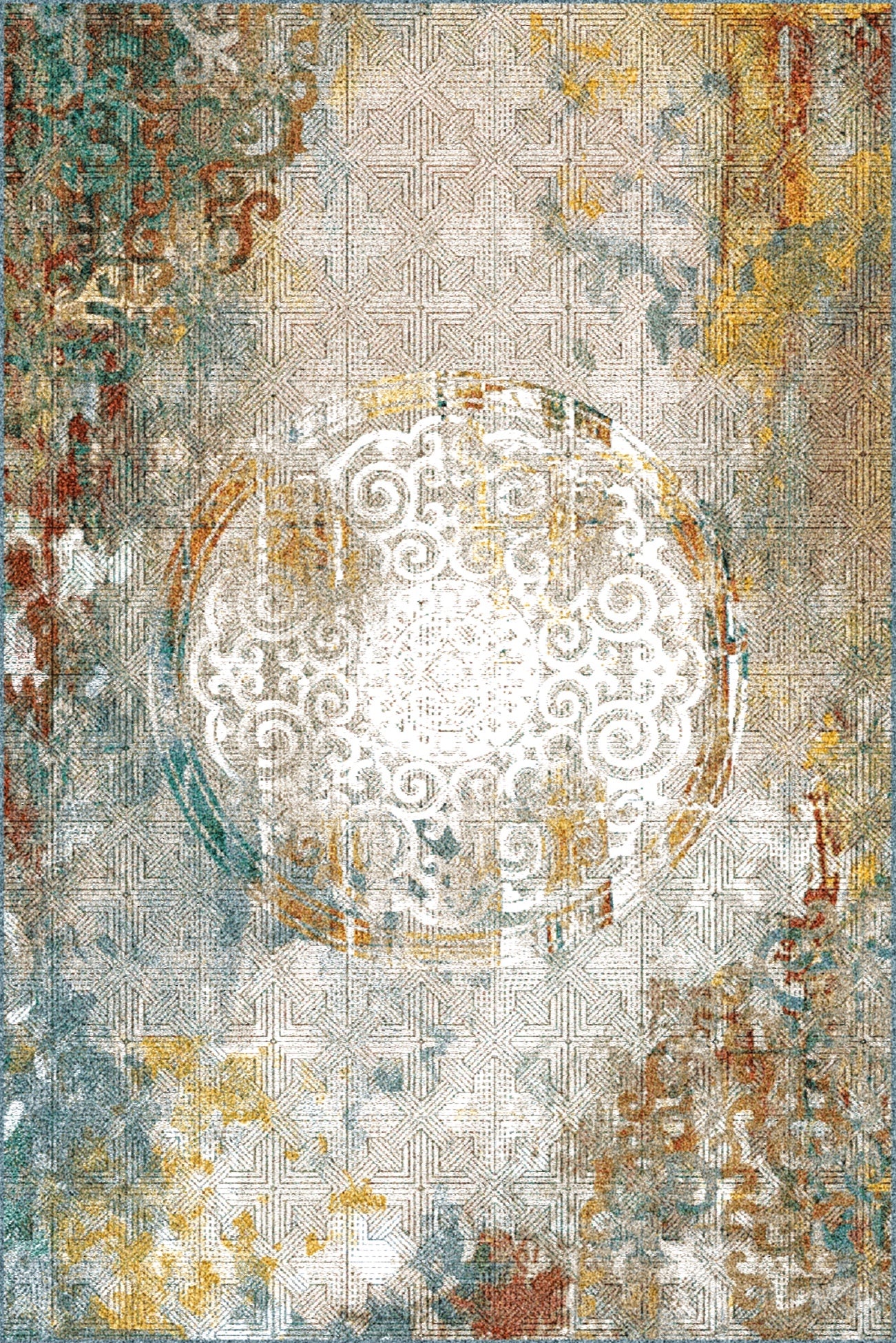 A traditional carpet featuring a central circular medallion with intricate patterns in shades of white, grey, teal, and yellow, set against a distressed background.