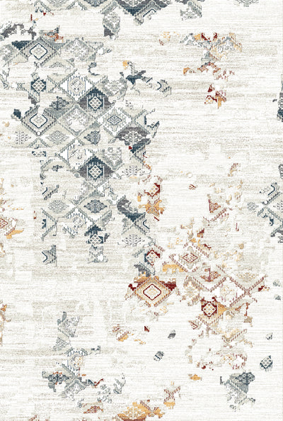 A carpet featuring an abstract design with geometric patterns in shades of blue, grey, and orange, set against a light beige background.