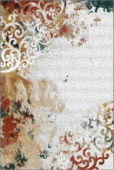 A carpet featuring an artistic design with swirling patterns and abstract elements in shades of red, orange, beige, and green, set against a textured white background.