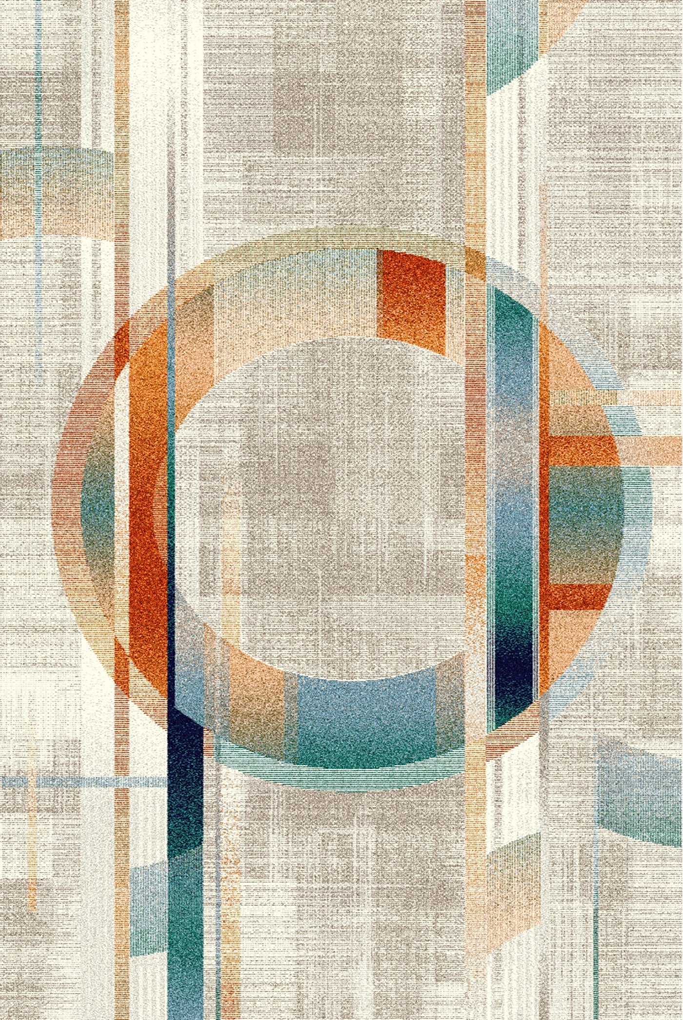 A modern carpet featuring an abstract design with overlapping circular and linear patterns in various colors including blue, orange, red, and beige, set against a light beige background.