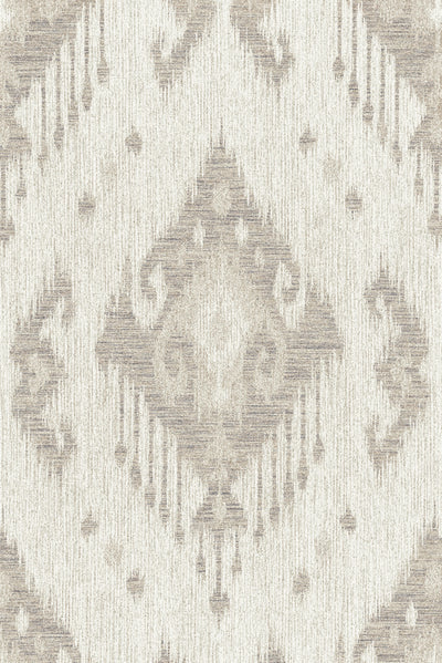 A carpet featuring an intricate ikat pattern in shades of beige and white, with detailed geometric and abstract motifs.